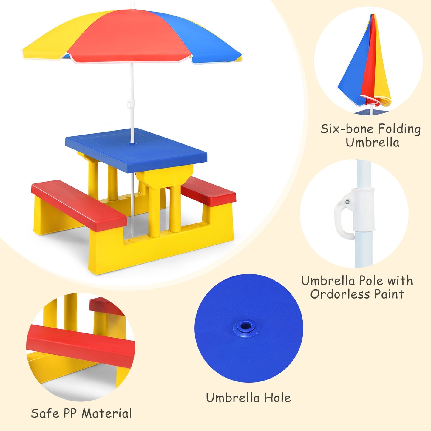 Kids Picnic Folding Table and Bench Set with Umbrella-Yellow Kids Crystal