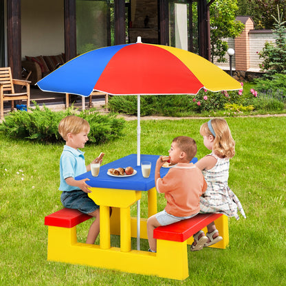 Kids Picnic Folding Table and Bench Set with Umbrella-Yellow
