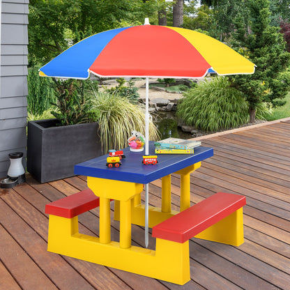 Kids Picnic Folding Table and Bench Set with Umbrella-Yellow