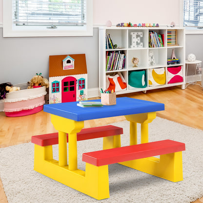 Kids Picnic Folding Table and Bench Set with Umbrella-Yellow
