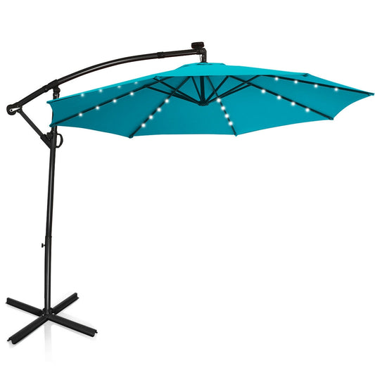 10 ft 360° Rotation Solar Powered LED Patio Offset Umbrella without Weight Base-Turquoise Kids Crystal