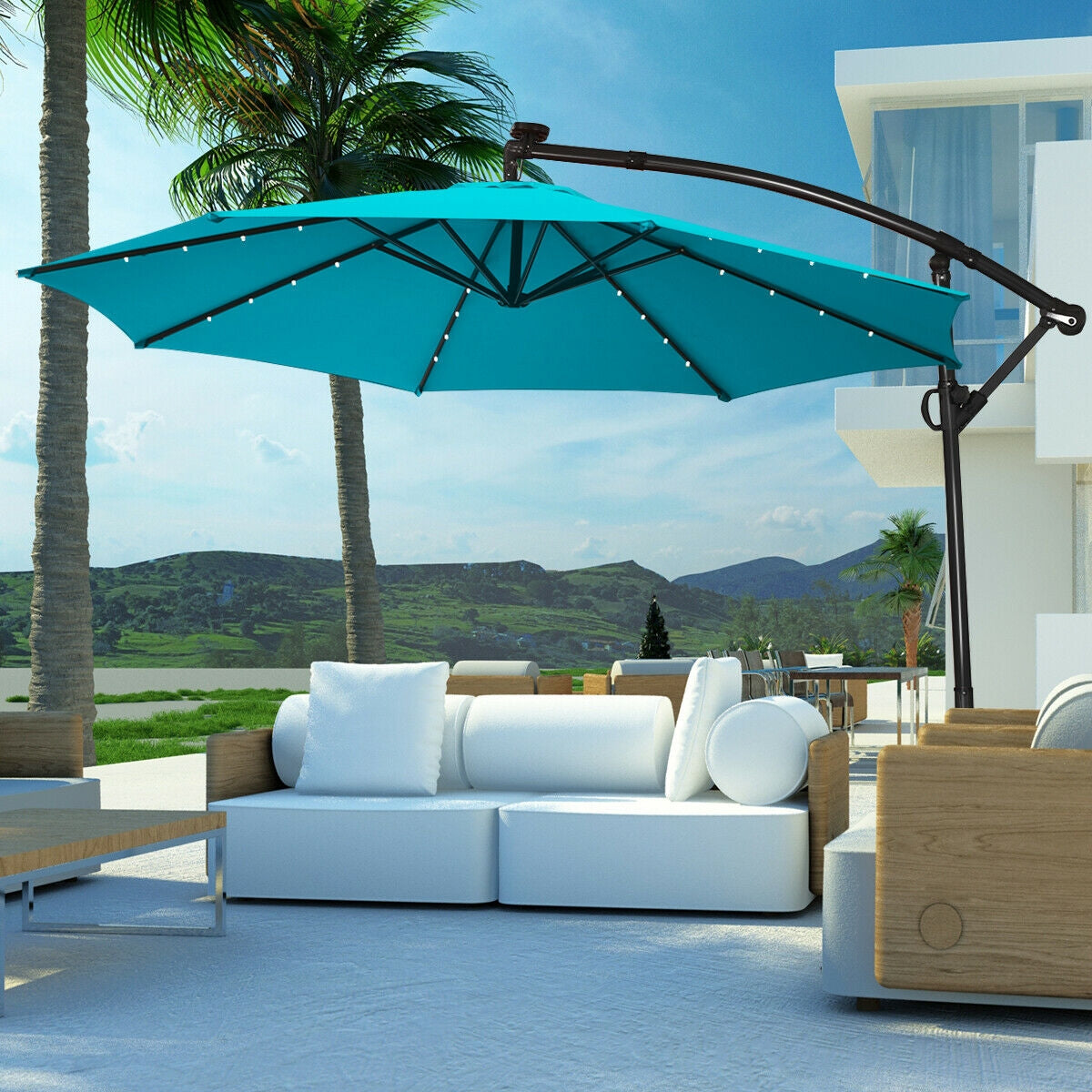 10 ft 360° Rotation Solar Powered LED Patio Offset Umbrella without Weight Base-Turquoise Kids Crystal