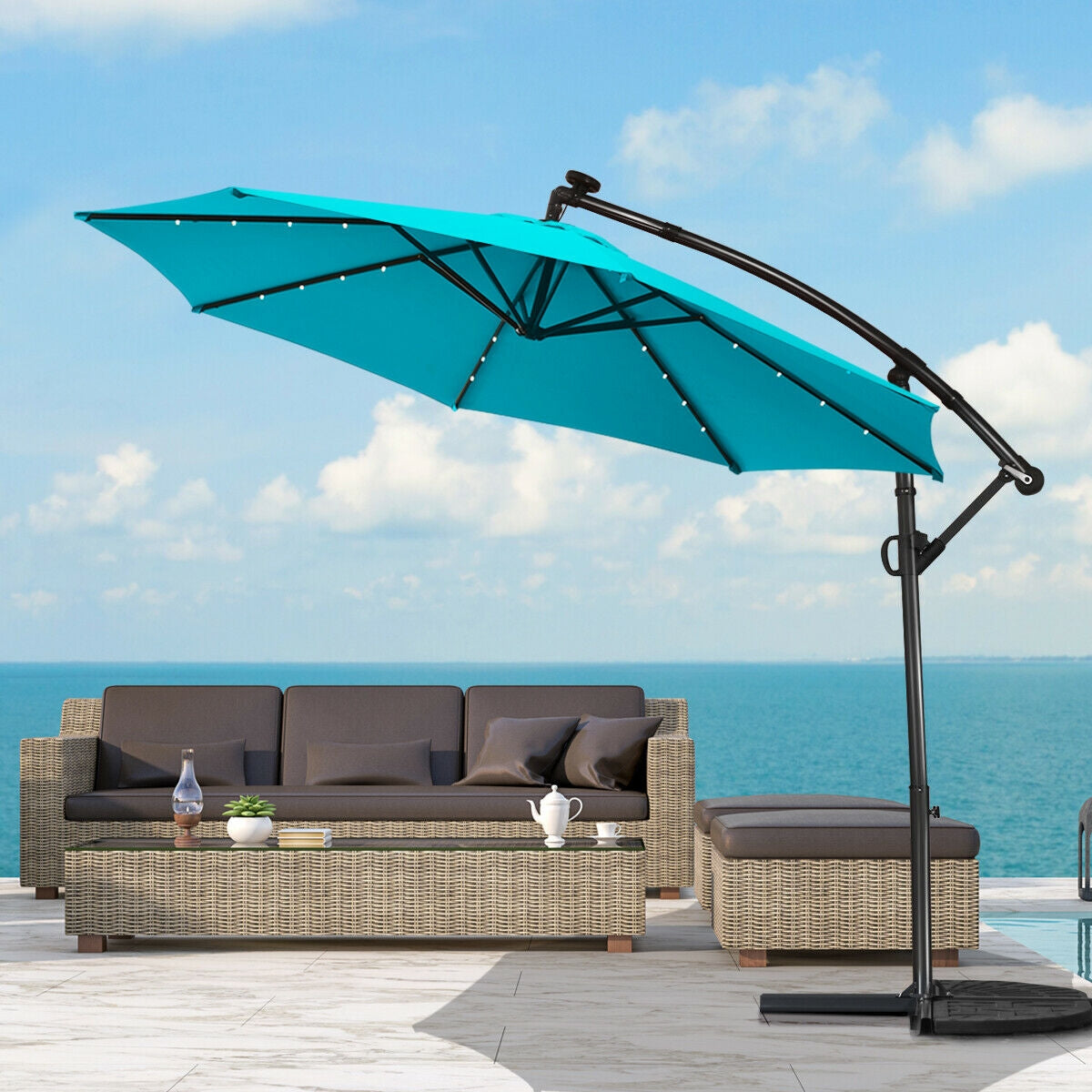 10 ft 360° Rotation Solar Powered LED Patio Offset Umbrella without Weight Base-Turquoise Kids Crystal
