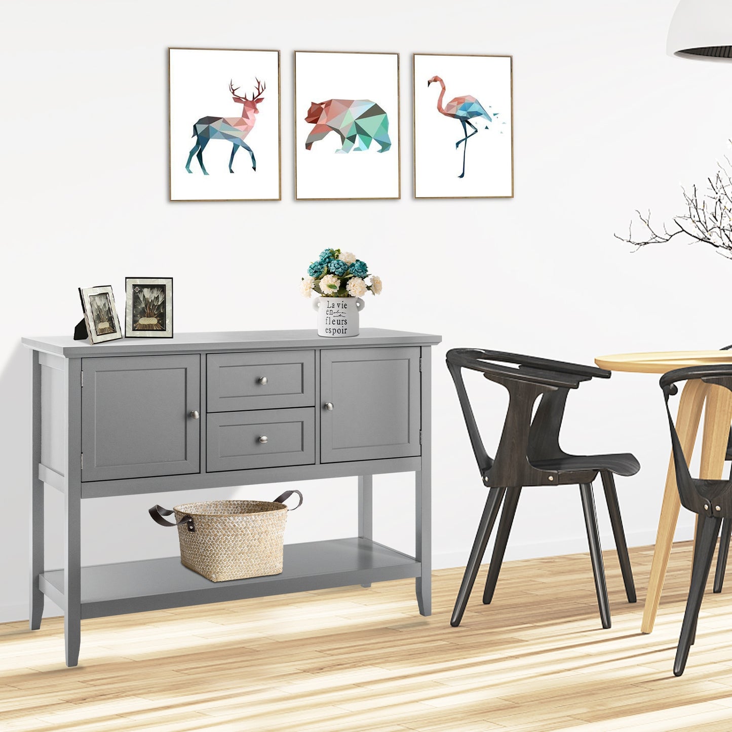 Wooden Sideboard Buffet Console Table  with Drawers and Storage-Gray Kids Crystal