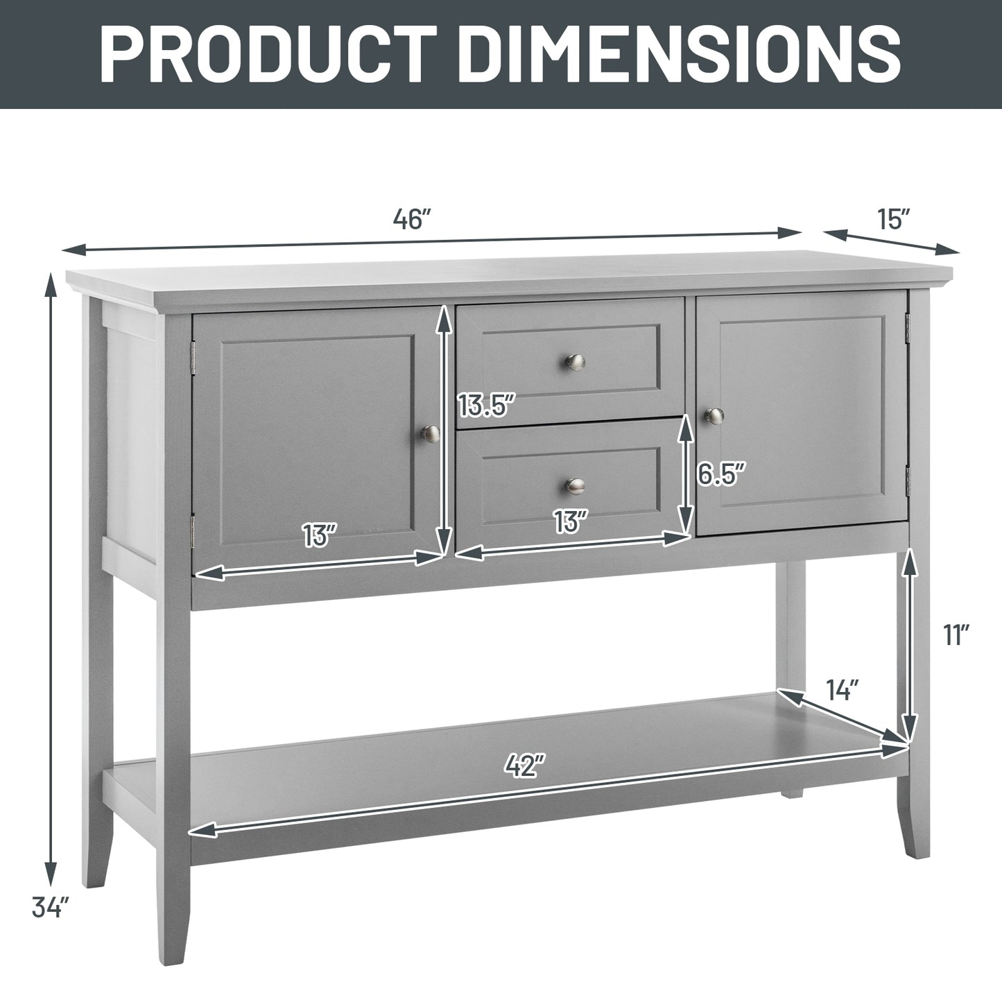 Wooden Sideboard Buffet Console Table  with Drawers and Storage-Gray Kids Crystal