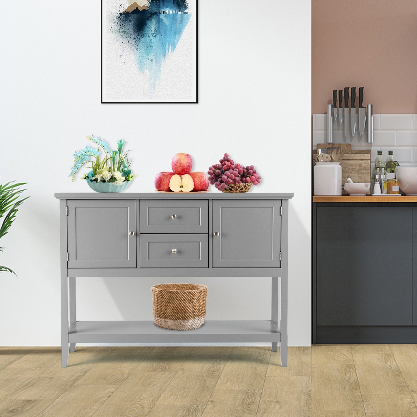 Wooden Sideboard Buffet Console Table  with Drawers and Storage-Gray Kids Crystal