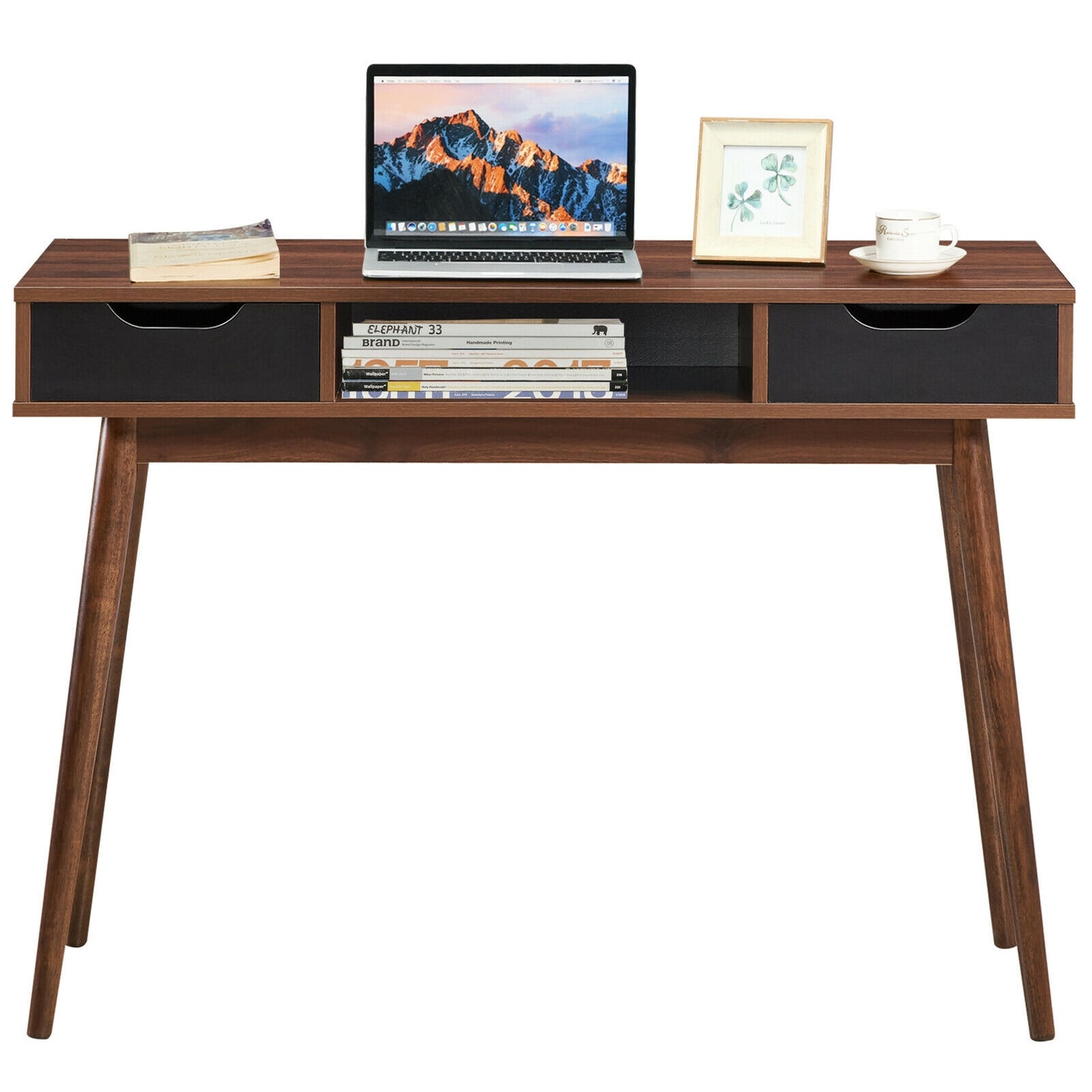 Stylish Computer Desk Workstation with 2 Drawers and Solid Wood Legs-Walnut Kids Crystal