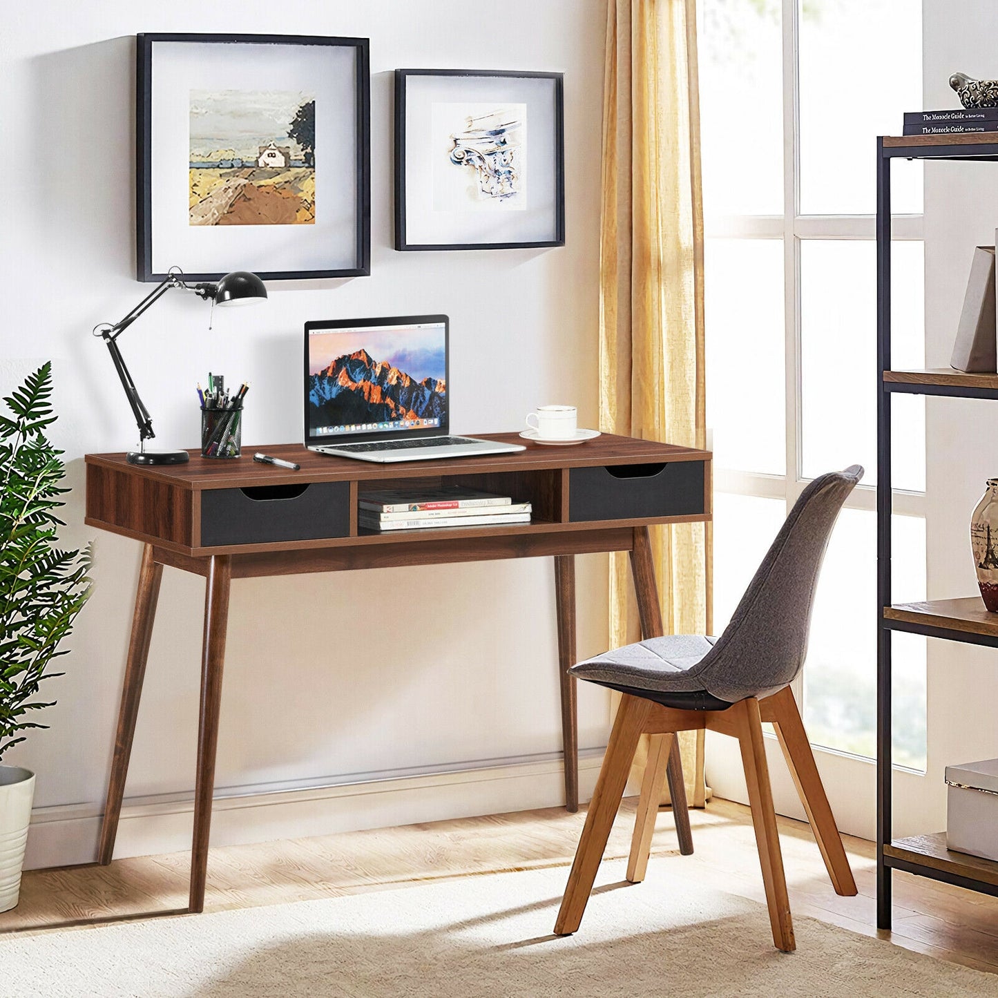 Stylish Computer Desk Workstation with 2 Drawers and Solid Wood Legs-Walnut Kids Crystal