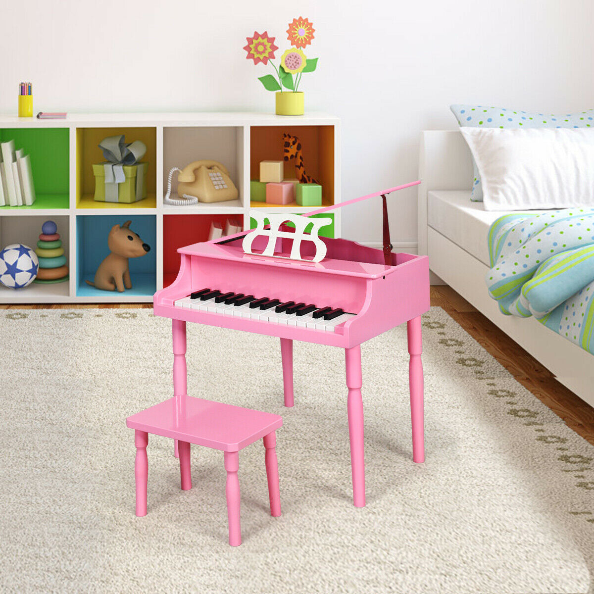 30-Key Wood Toy Kids Grand Piano with Bench and Music Rack-Pink Kids Crystal
