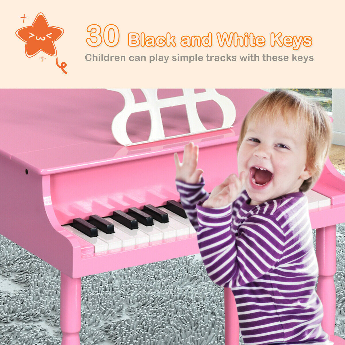 30-Key Wood Toy Kids Grand Piano with Bench and Music Rack-Pink Kids Crystal