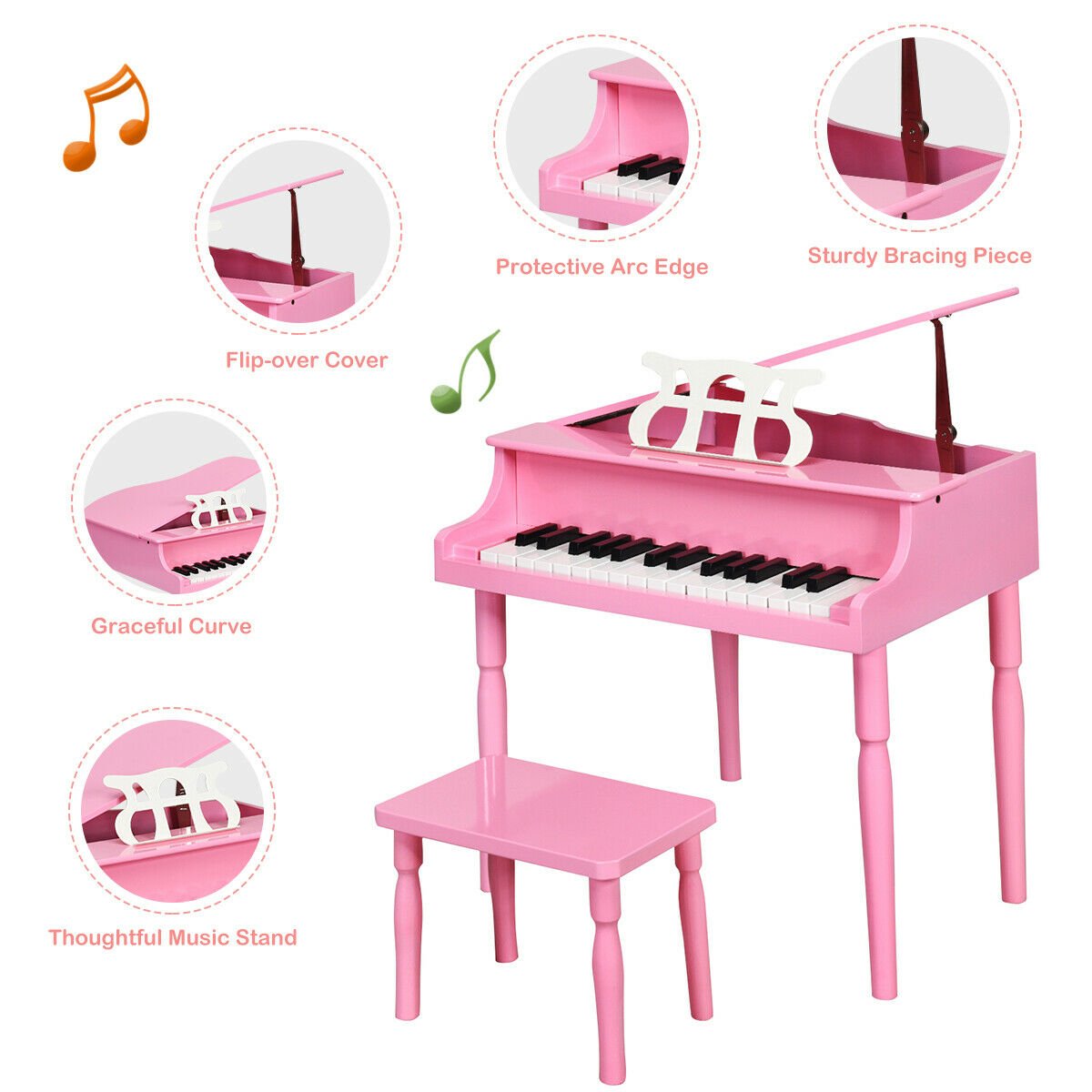 30-Key Wood Toy Kids Grand Piano with Bench and Music Rack-Pink Kids Crystal