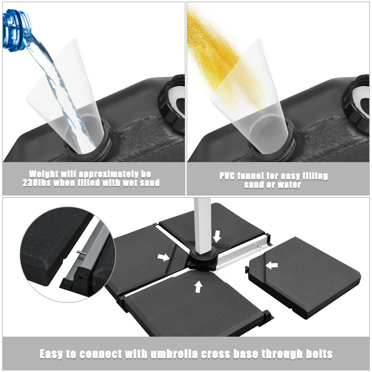 4 Pieces Square Fillable Patio Umbrella Base Set with Handle and Funnel Kids Crystal