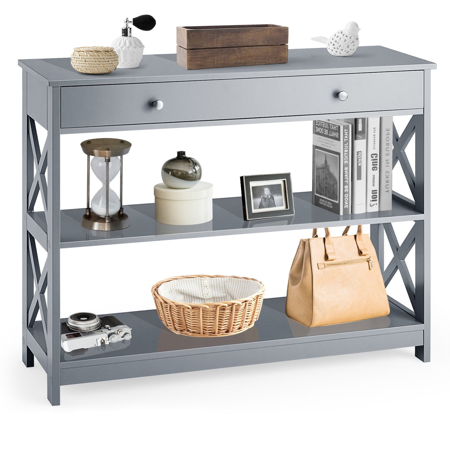 Console Table 3-Tier with Drawer and Storage Shelves-Gray Kids Crystal