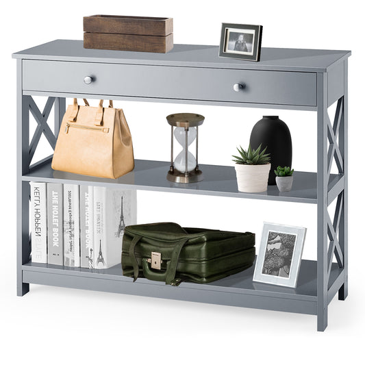 Console Table 3-Tier with Drawer and Storage Shelves-Gray Kids Crystal