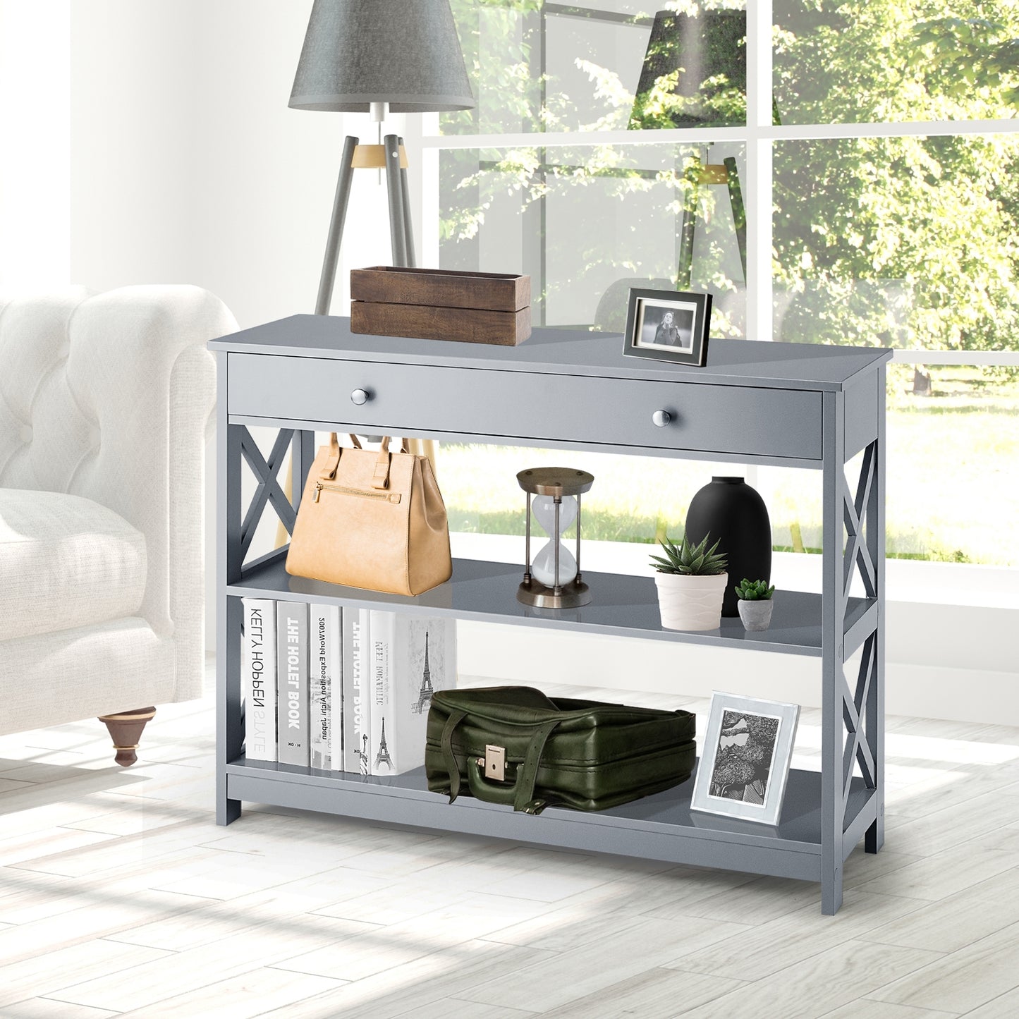 Console Table 3-Tier with Drawer and Storage Shelves-Gray Kids Crystal