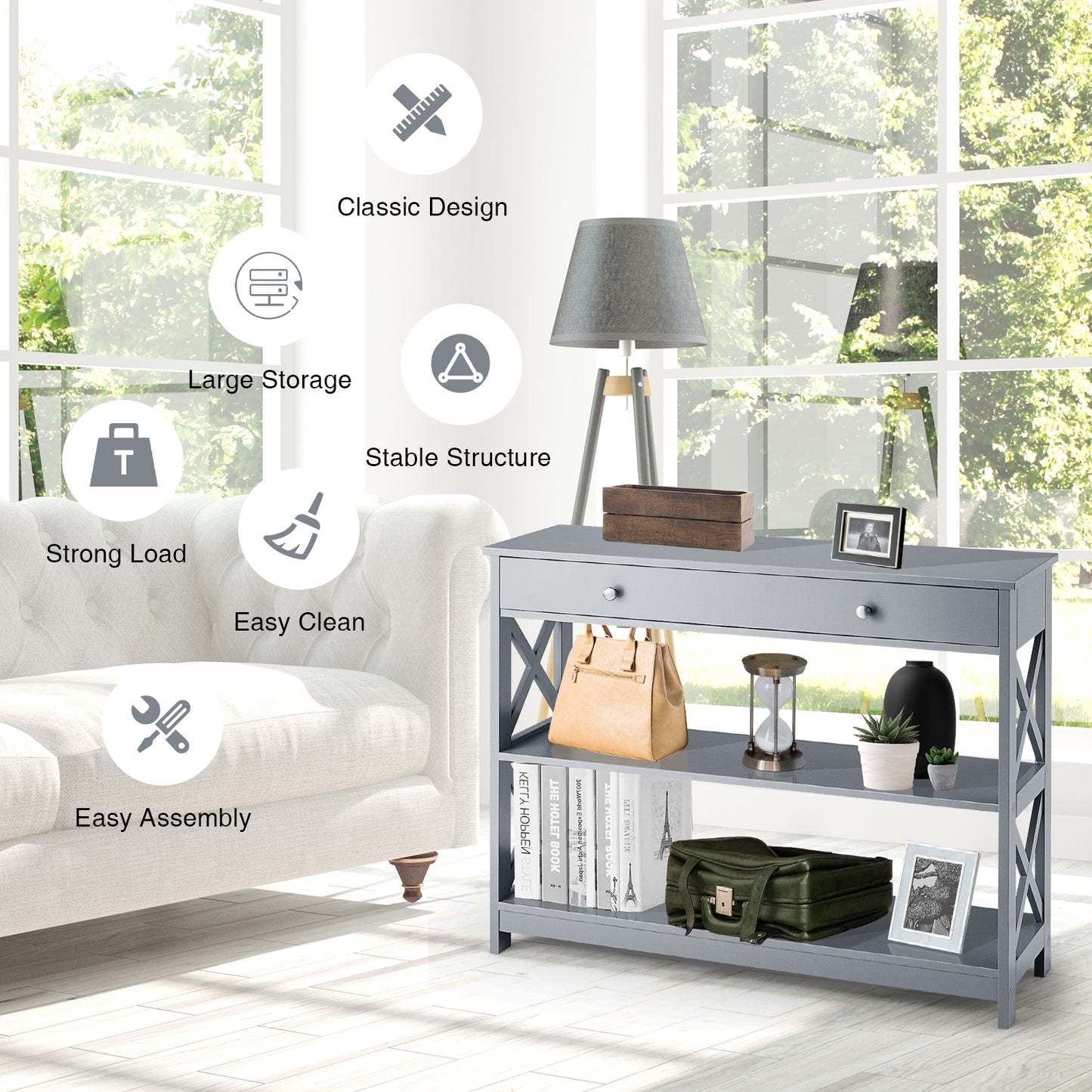 Console Table 3-Tier with Drawer and Storage Shelves-Gray Kids Crystal