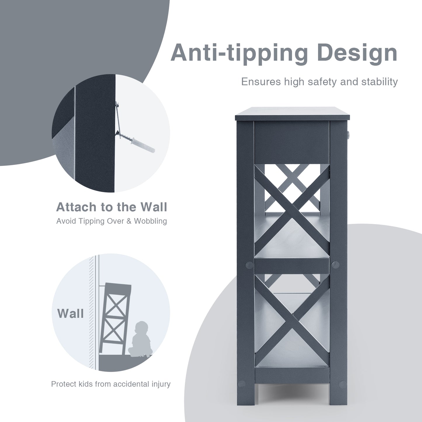 Console Table 3-Tier with Drawer and Storage Shelves-Gray Kids Crystal