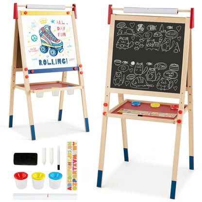 All-in-One Wooden Height Adjustable Kid&#39;s Art Easel with Magnetic Stickers and Paper