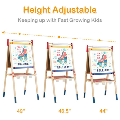 All-in-One Wooden Height Adjustable Kid&#39;s Art Easel with Magnetic Stickers and Paper