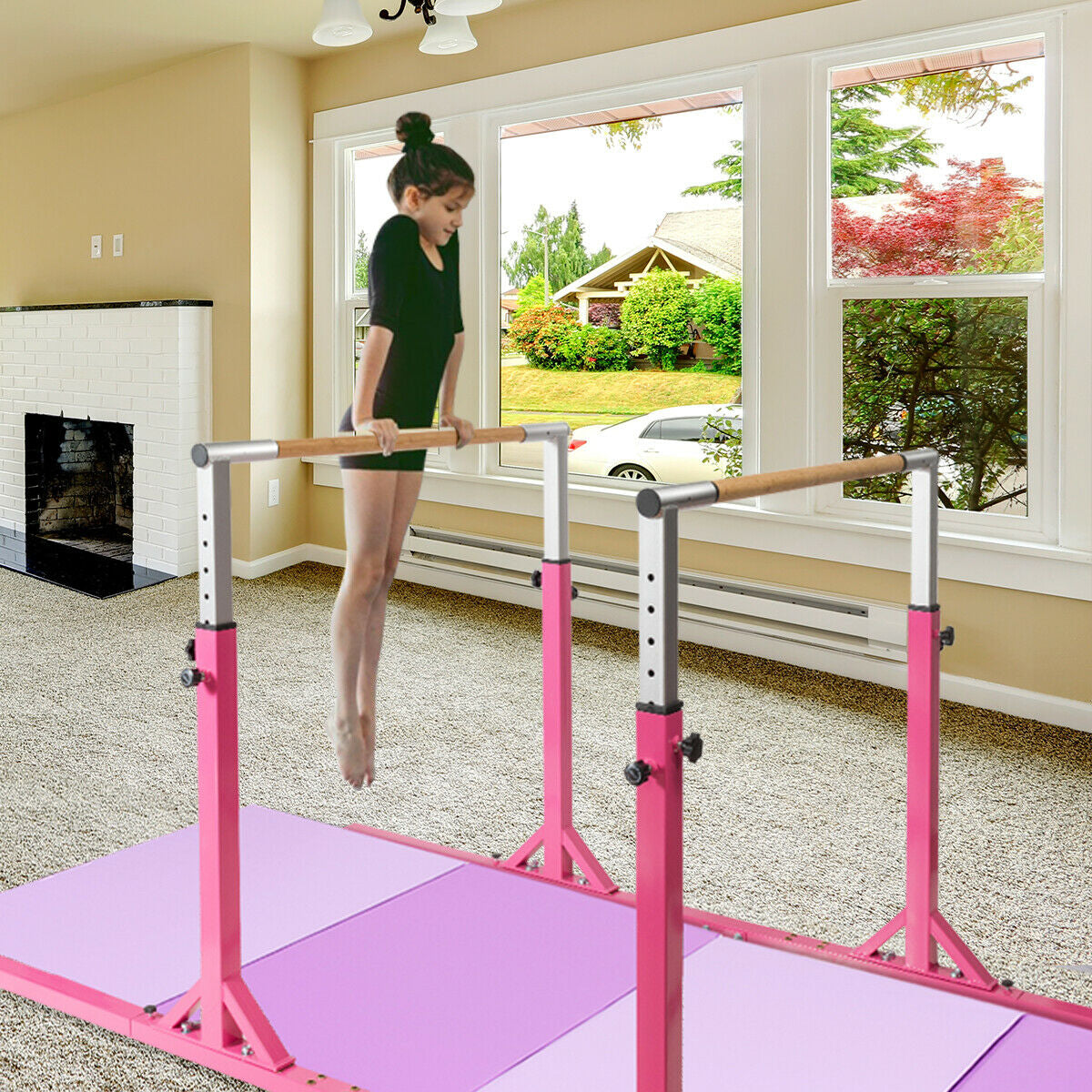 Kids Double Horizontal Bars Gymnastic Training Parallel Bars Adjustable-Pink Kids Crystal