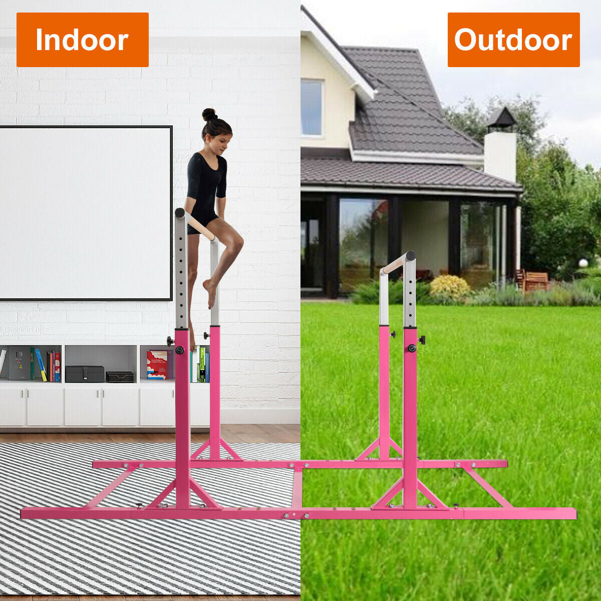 Kids Double Horizontal Bars Gymnastic Training Parallel Bars Adjustable-Pink Kids Crystal