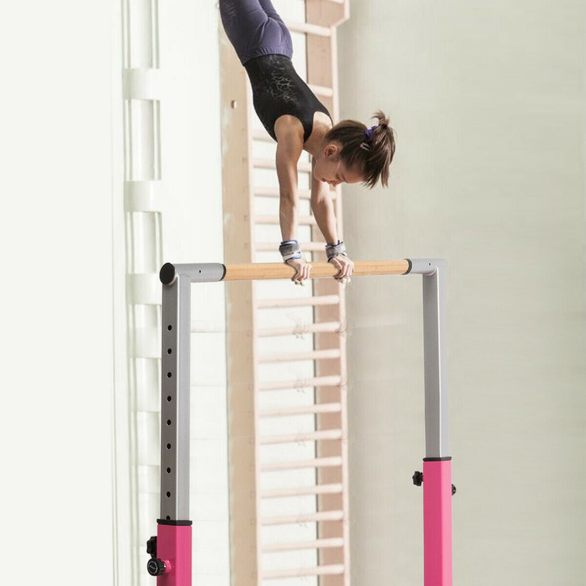 Kids Double Horizontal Bars Gymnastic Training Parallel Bars Adjustable-Pink Kids Crystal