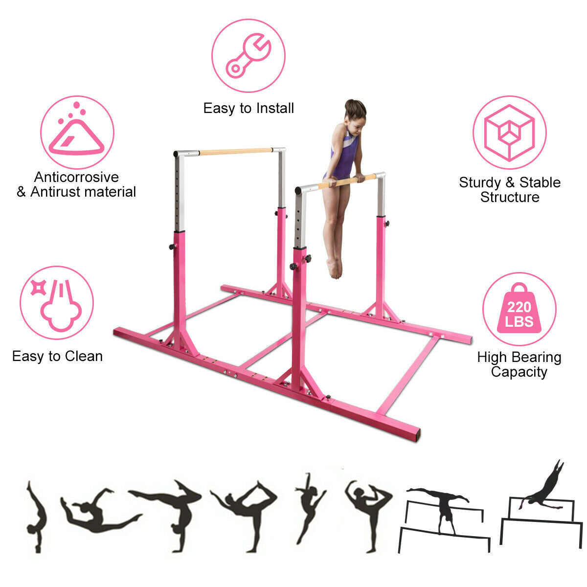 Kids Double Horizontal Bars Gymnastic Training Parallel Bars Adjustable-Pink Kids Crystal