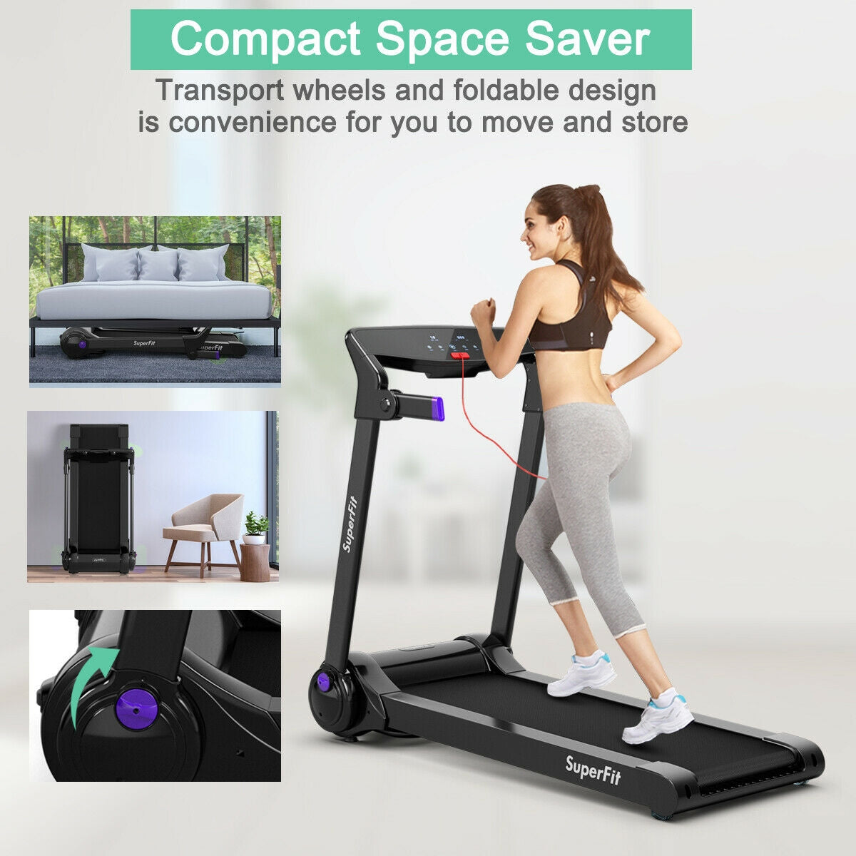 3HP Folding Electric Treadmill Running Machine-Purple Kids Crystal