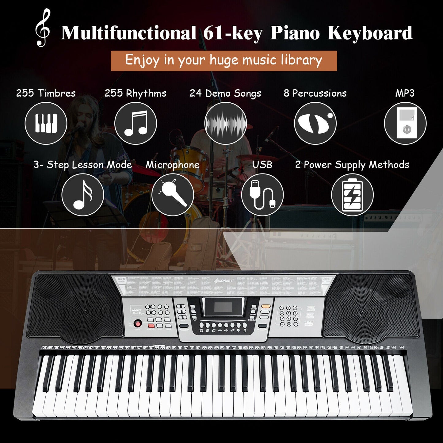 61 Key Electronic Keyboard Piano Set with Stand Bench Headphones Kids Crystal