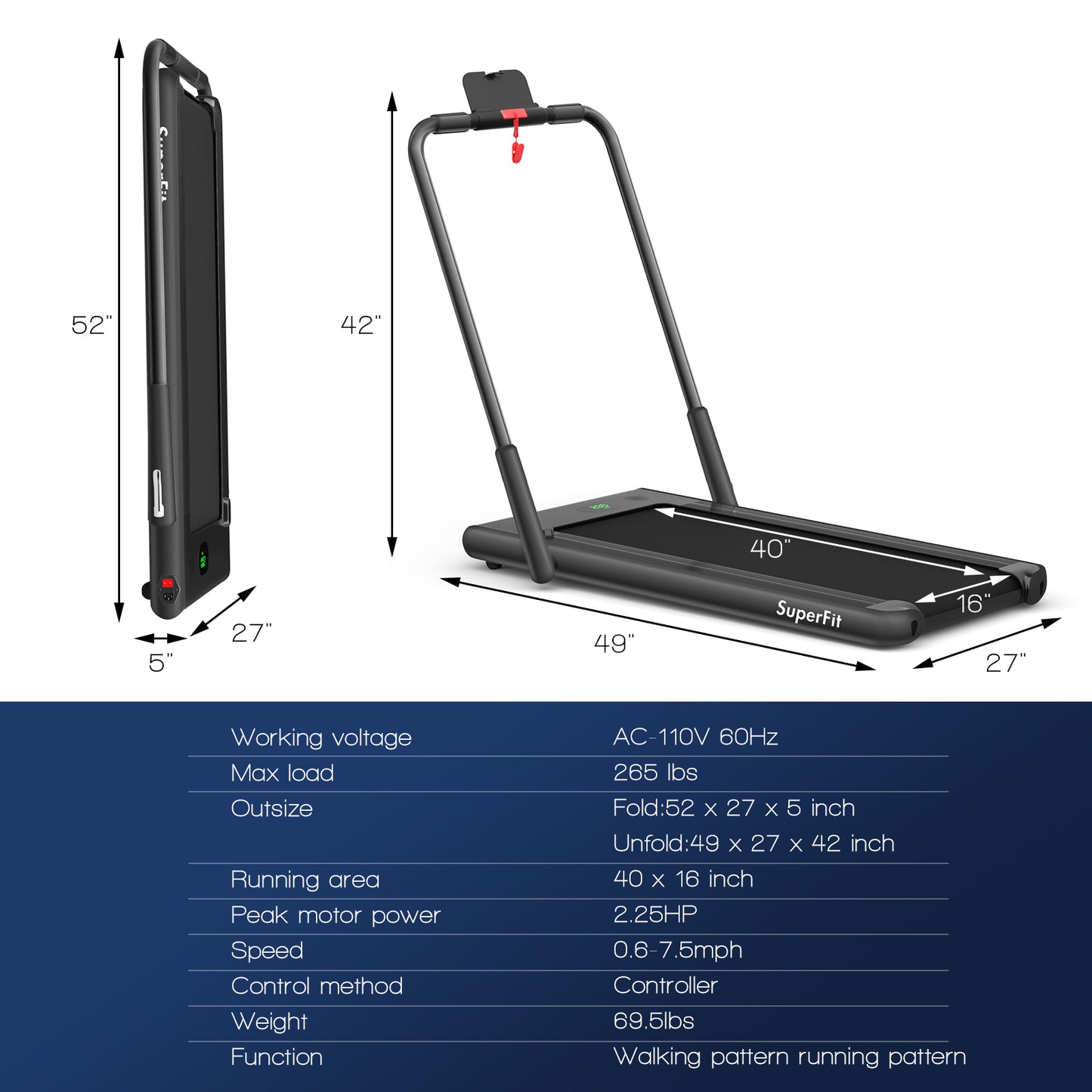 2-in-1 Folding Treadmill with Remote Control and LED Display-Black Kids Crystal