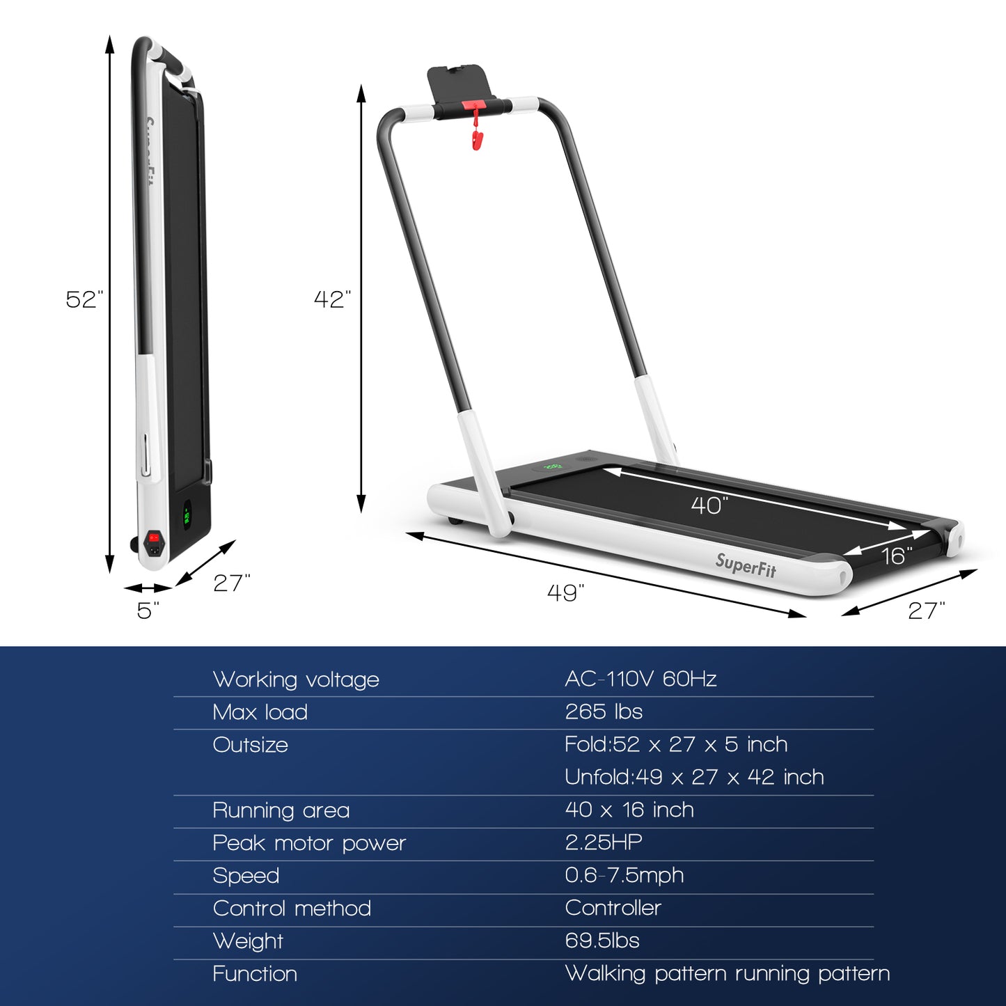 2-in-1 Folding Treadmill with RC Bluetooth Speaker LED Display-White Kids Crystal