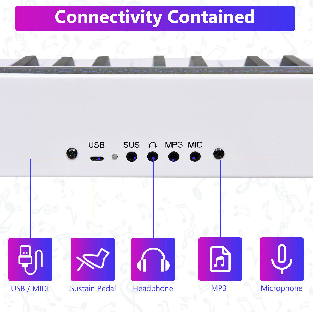 88-Key Portable Electronic Piano with Voice Function-White Kids Crystal