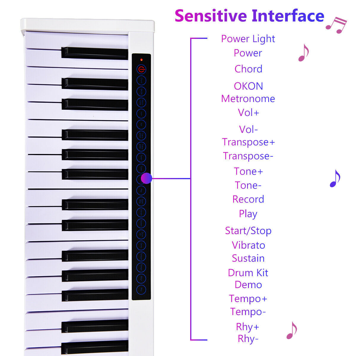 88-Key Portable Electronic Piano with Voice Function-White Kids Crystal