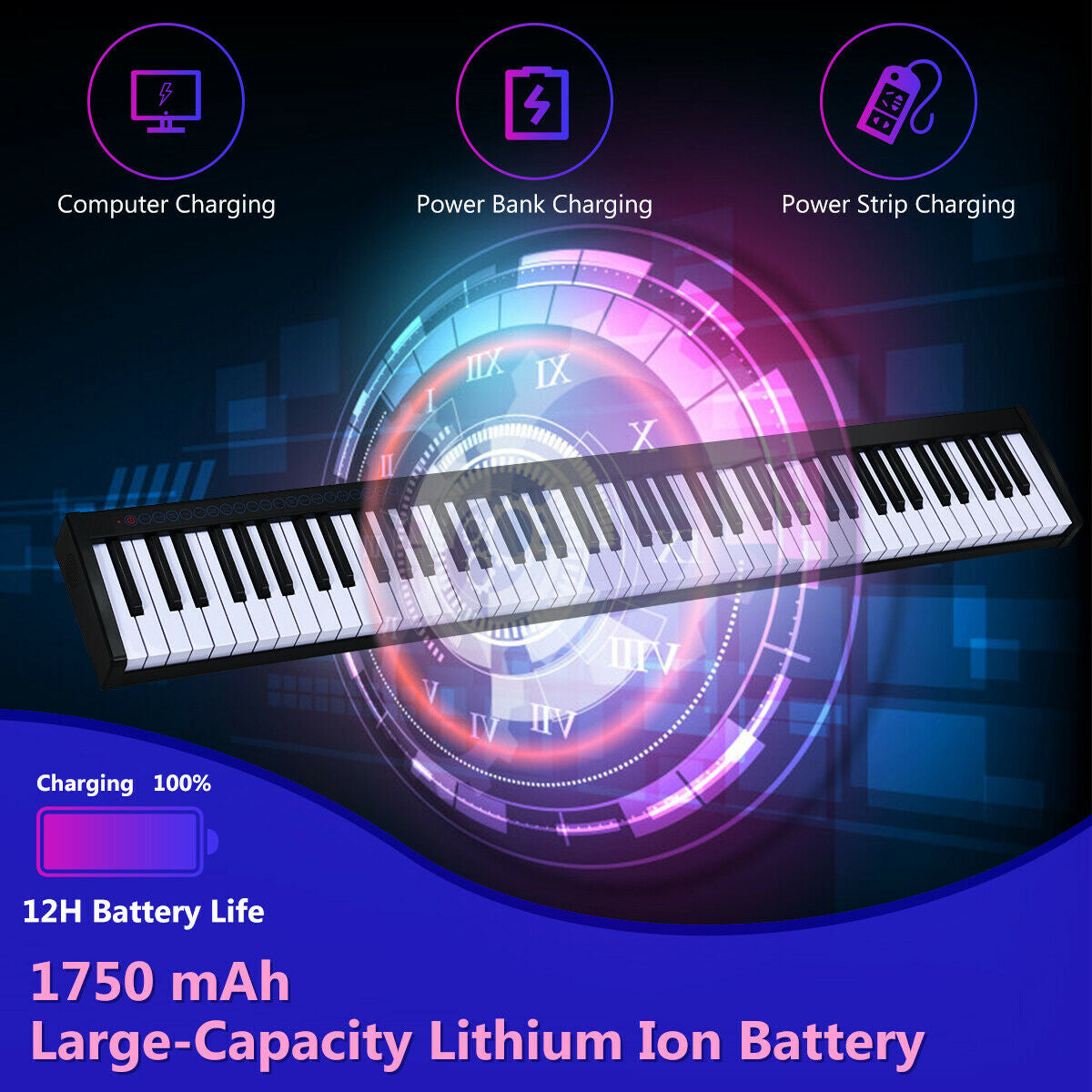88-Key Portable Electronic Piano with  Voice Function-Black Kids Crystal