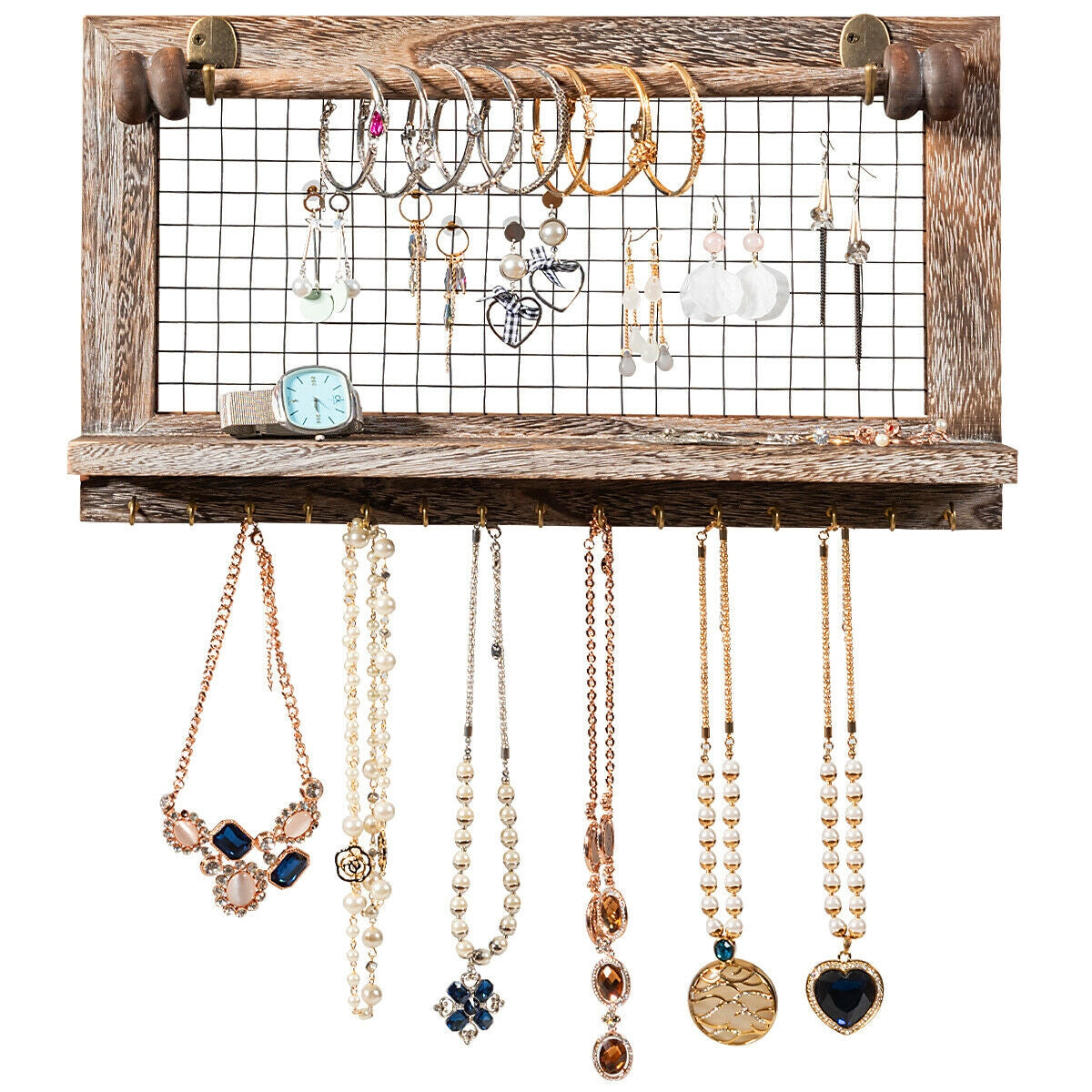 Vintage Wood Wall Mounted Jewelry Organizer Display Rack with Bracelet Rod-Brown Kids Crystal