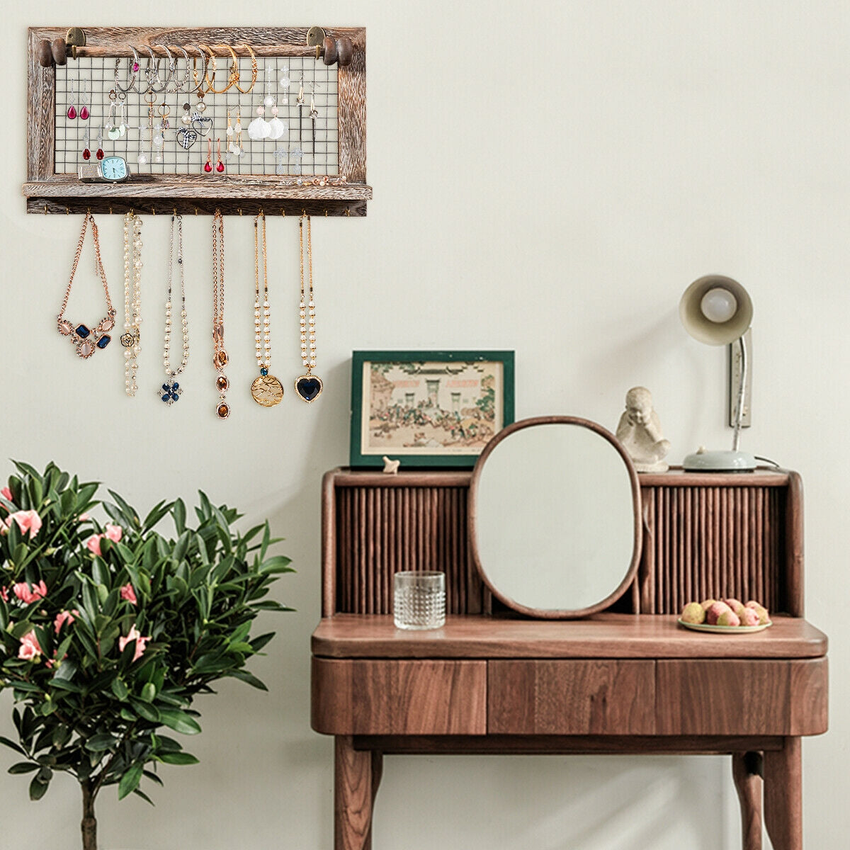 Vintage Wood Wall Mounted Jewelry Organizer Display Rack with Bracelet Rod-Brown Kids Crystal