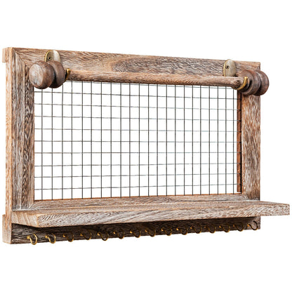Vintage Wood Wall Mounted Jewelry Organizer Display Rack with Bracelet Rod-Brown