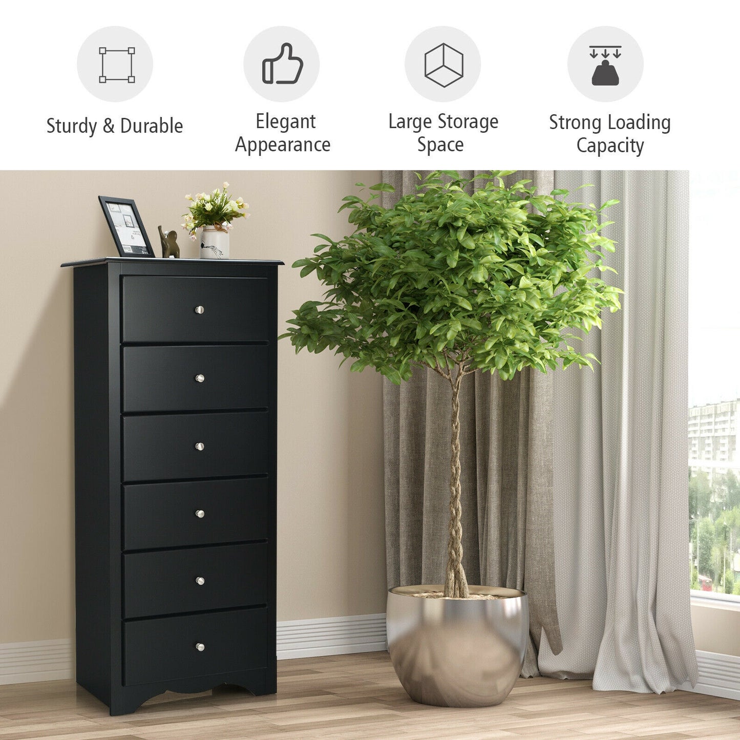 6 Drawers Chest Dresser Clothes Storage Bedroom Furniture Cabinet-Black Kids Crystal