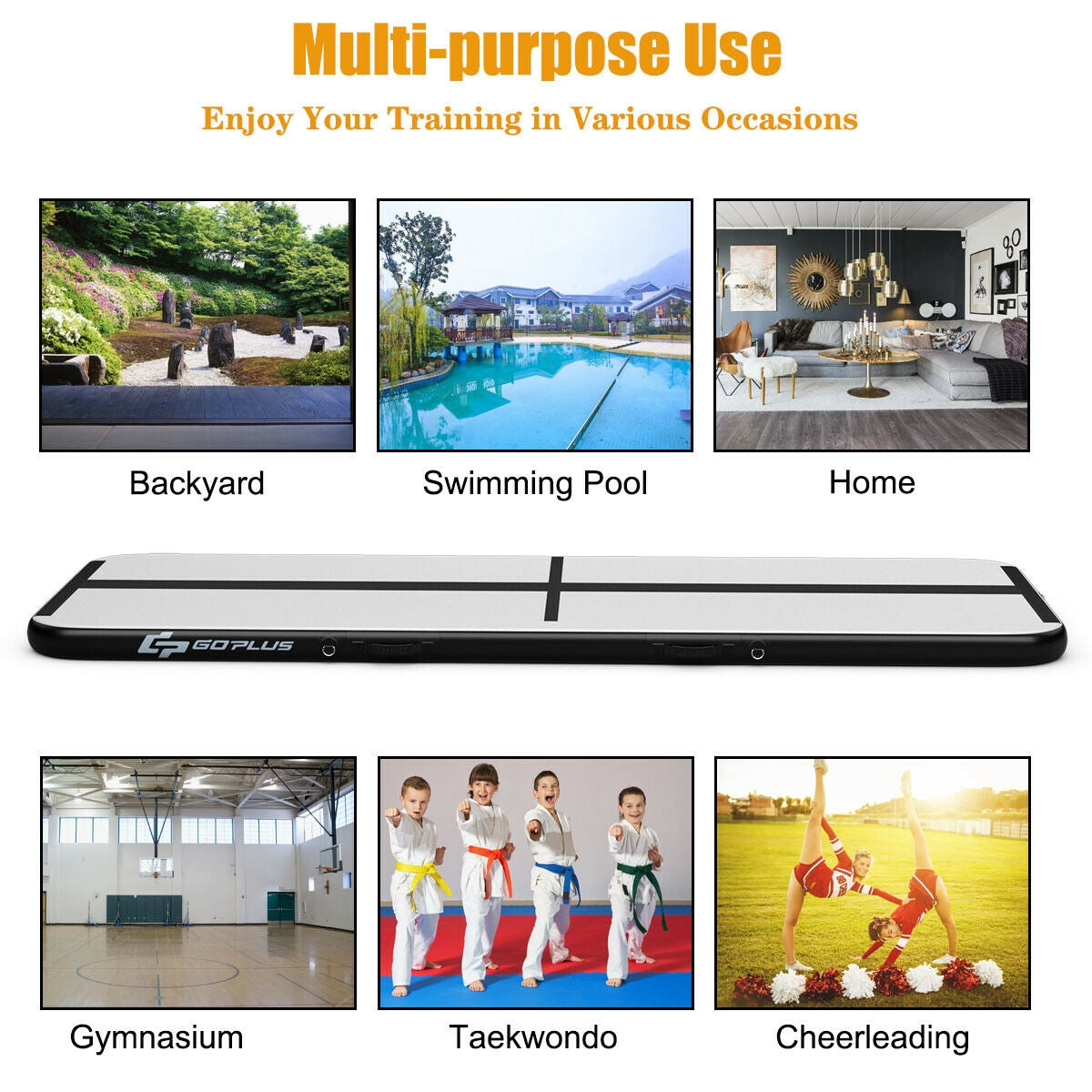 10 Feet Inflatable Gymnastics Tumbling Mat with Pump-Black Kids Crystal