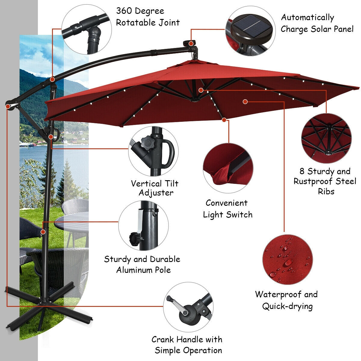 10 ft 360° Rotation Solar Powered LED Patio Offset Umbrella without Weight Base-Burgundy Kids Crystal