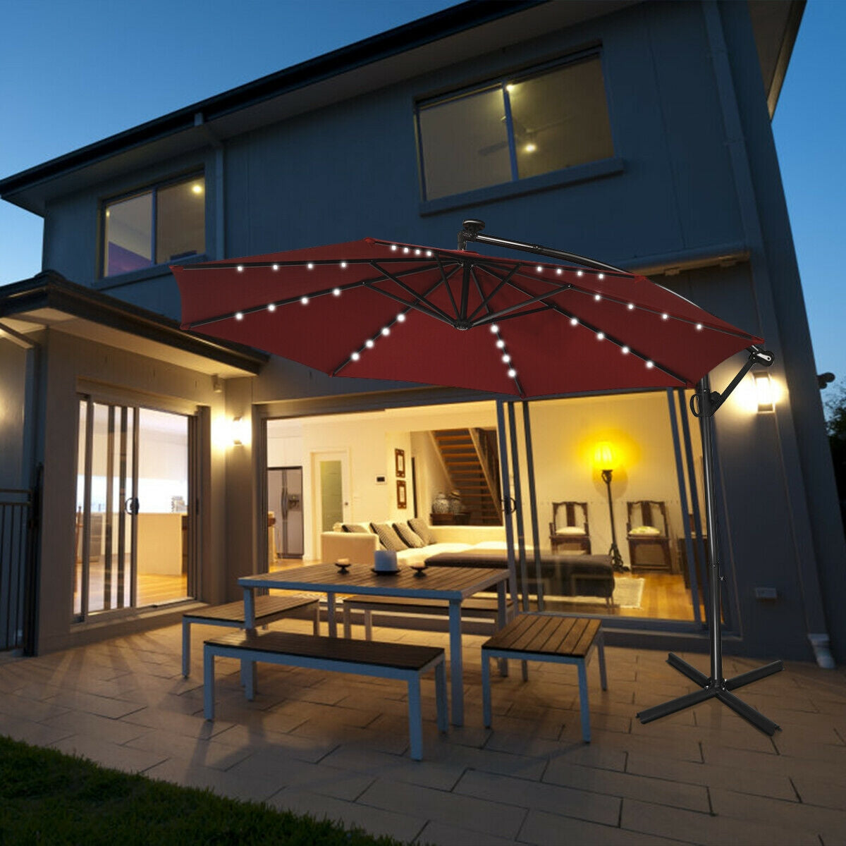 10 ft 360° Rotation Solar Powered LED Patio Offset Umbrella without Weight Base-Burgundy Kids Crystal