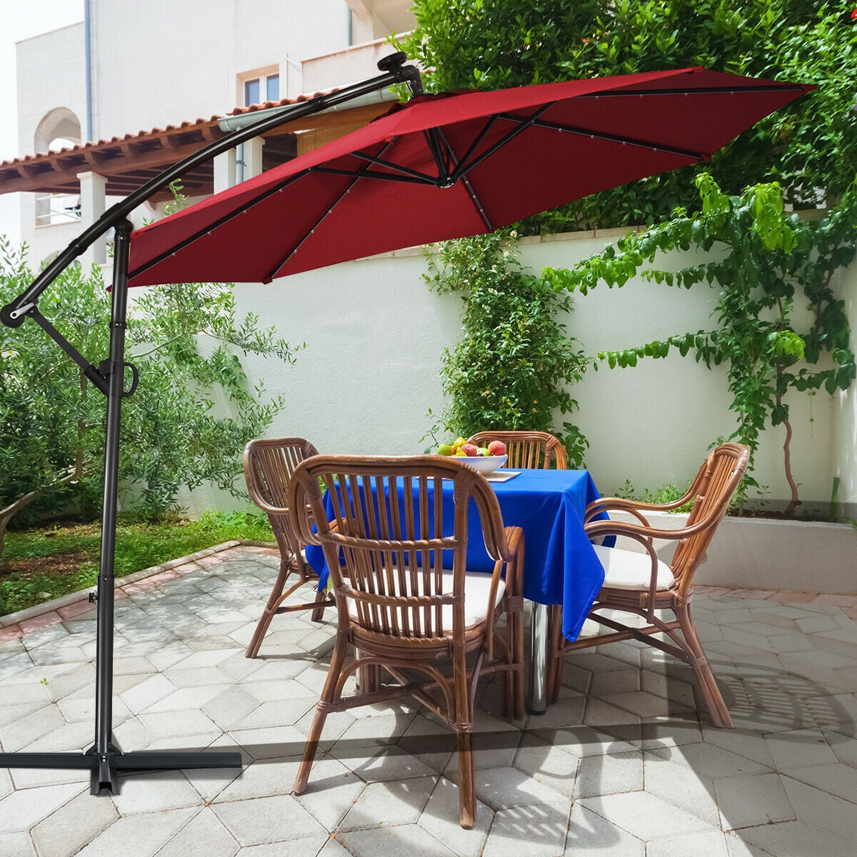 10 ft 360° Rotation Solar Powered LED Patio Offset Umbrella without Weight Base-Burgundy Kids Crystal