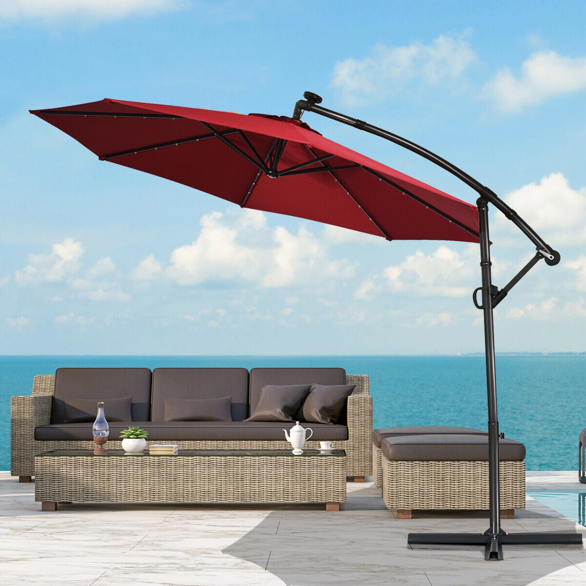 10 ft 360° Rotation Solar Powered LED Patio Offset Umbrella without Weight Base-Burgundy Kids Crystal
