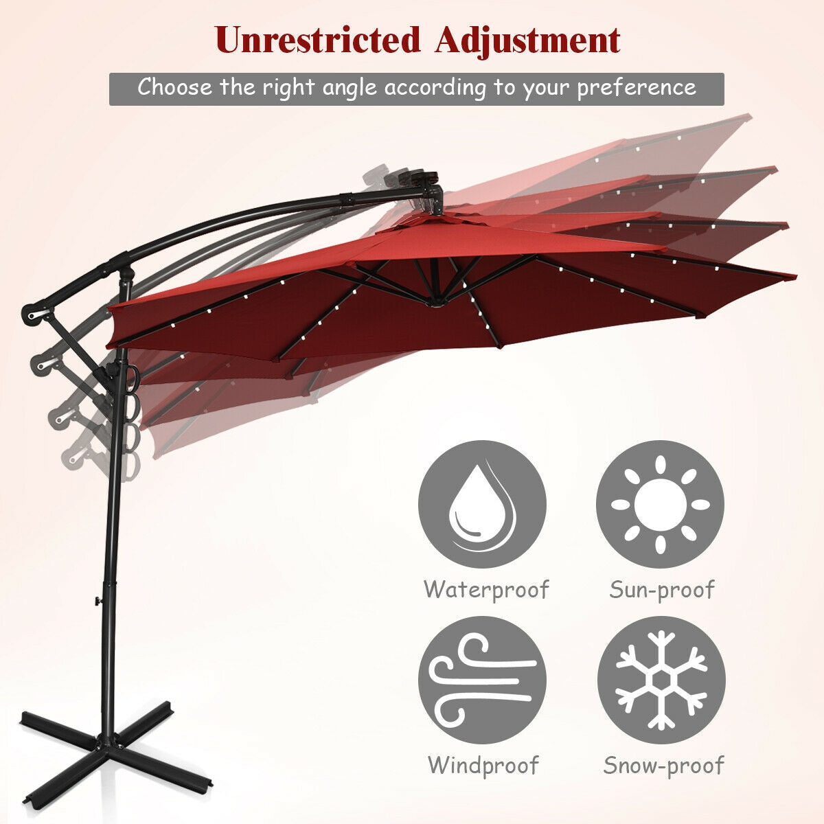 10 ft 360° Rotation Solar Powered LED Patio Offset Umbrella without Weight Base-Burgundy Kids Crystal