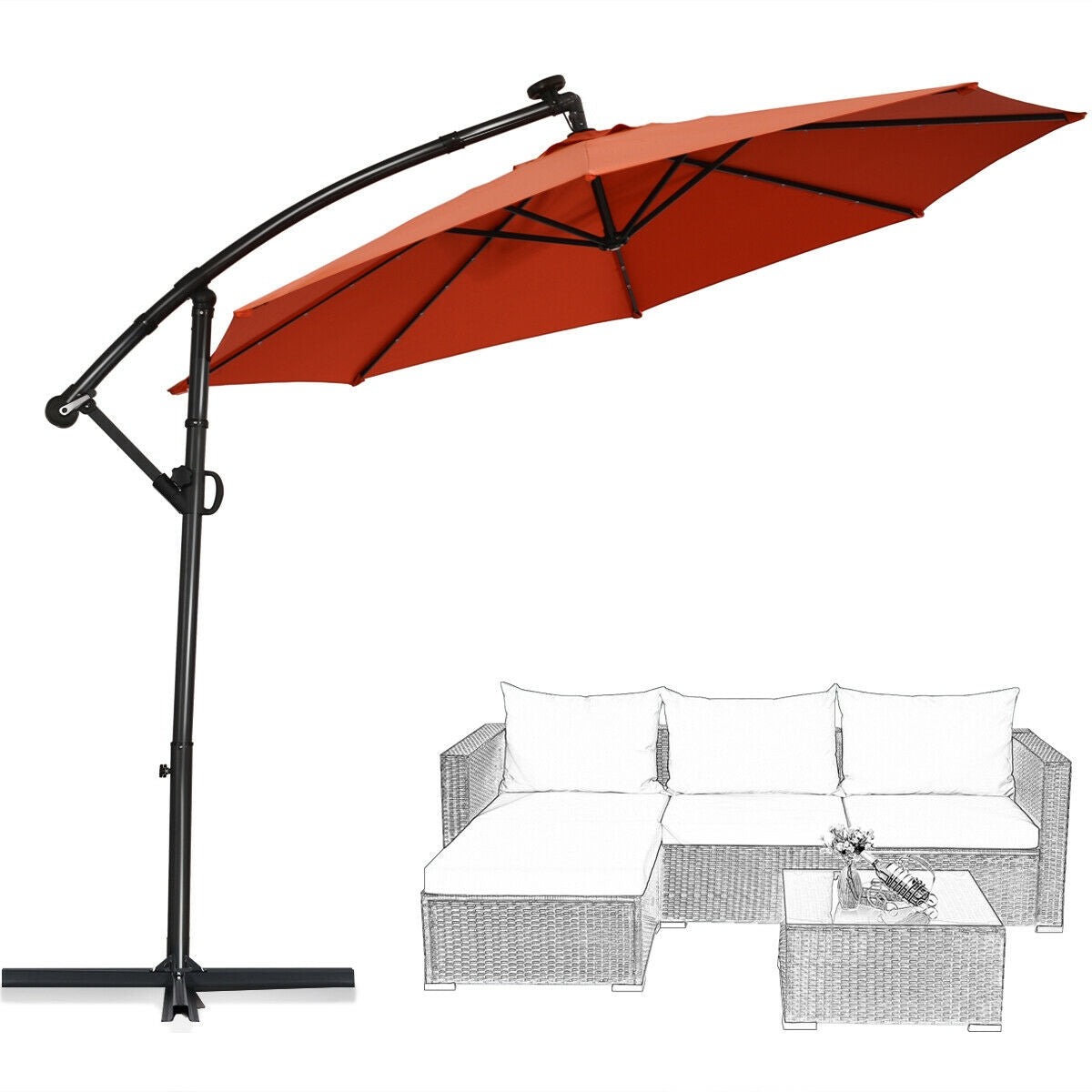 10 ft 360° Rotation Solar Powered LED Patio Offset Umbrella without Weight Base-Orange Kids Crystal