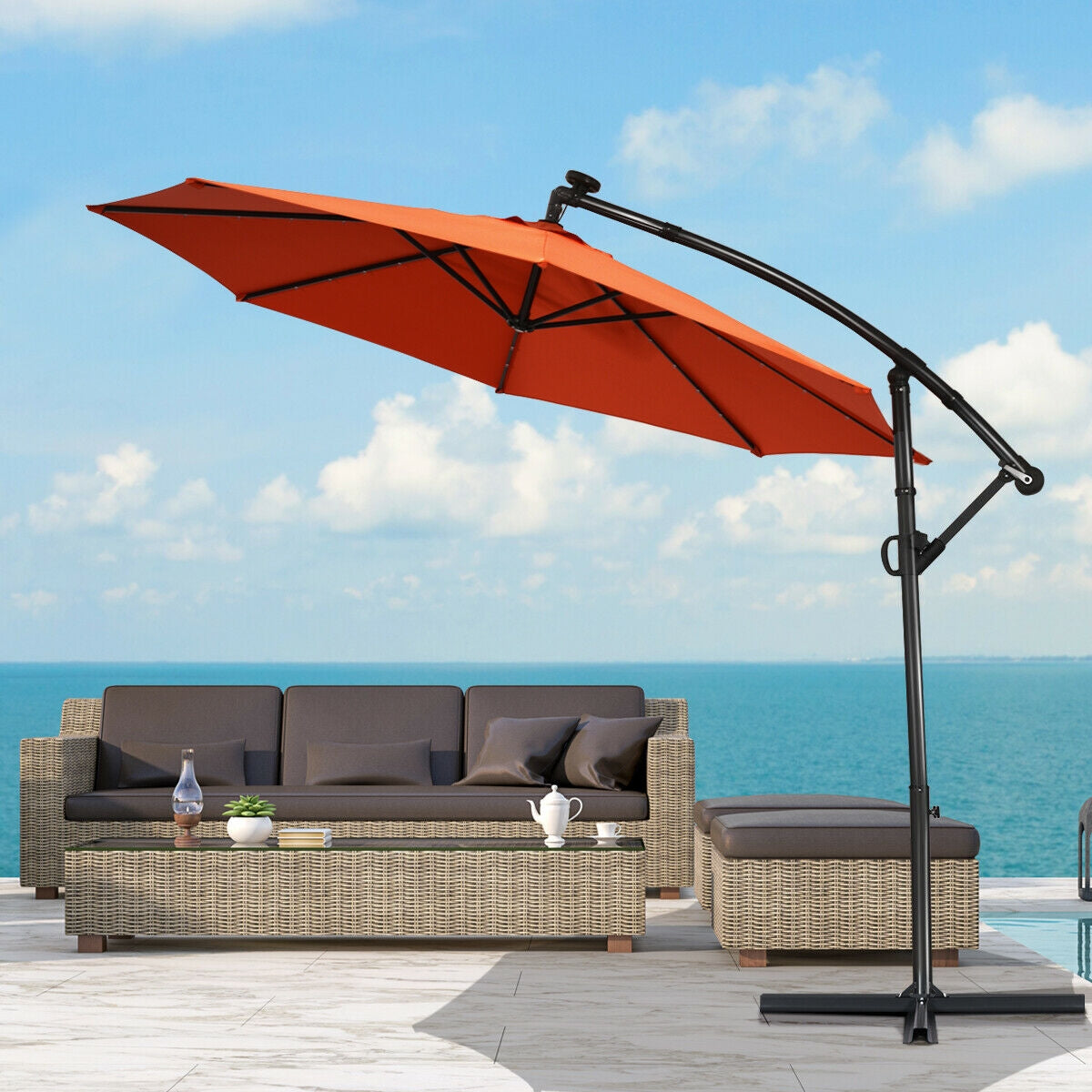 10 ft 360° Rotation Solar Powered LED Patio Offset Umbrella without Weight Base-Orange Kids Crystal