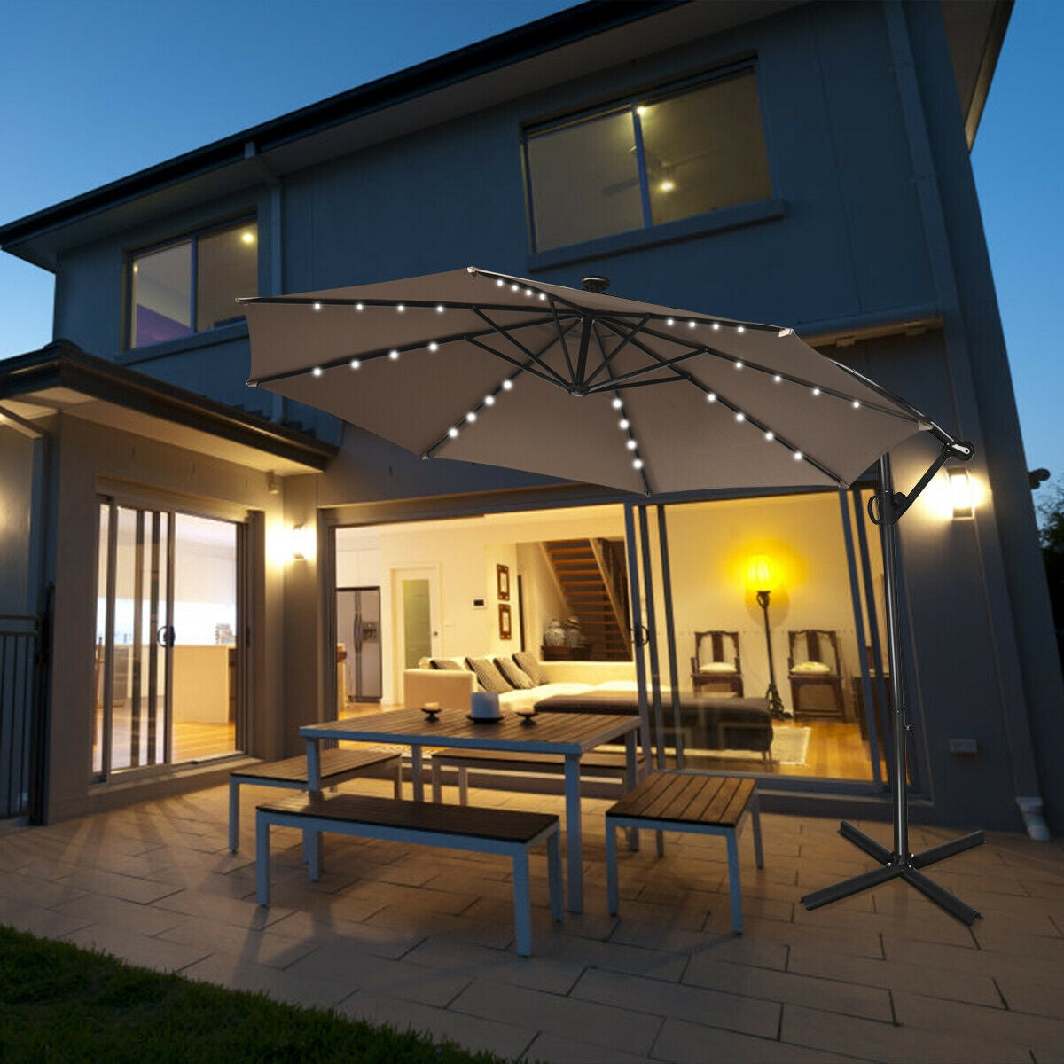10 ft 360° Rotation Solar Powered LED Patio Offset Umbrella without Weight Base-Tan Kids Crystal