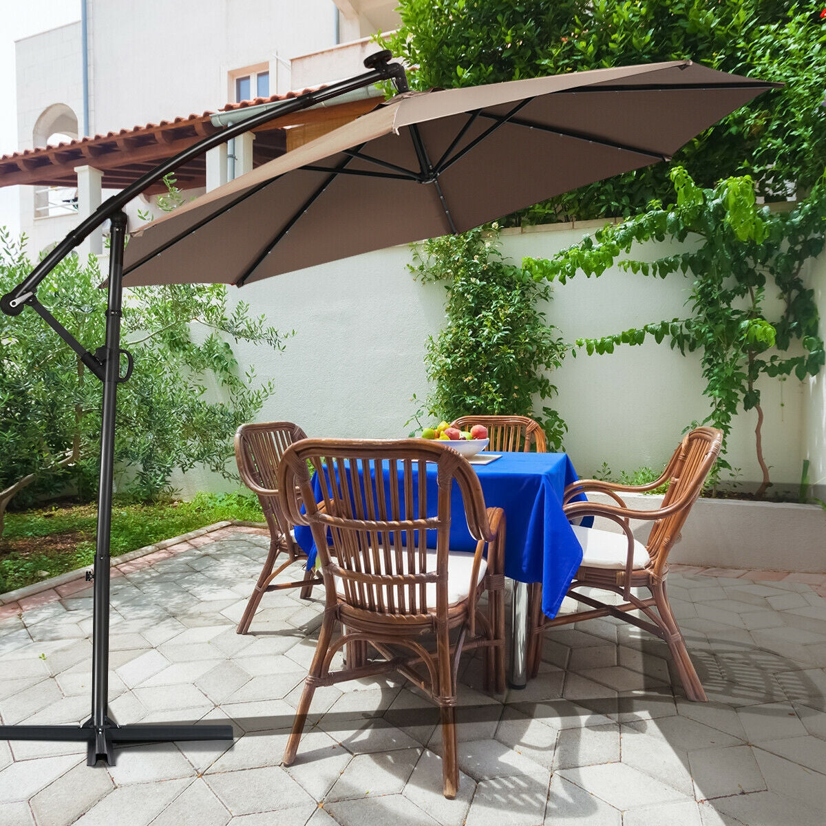 10 ft 360° Rotation Solar Powered LED Patio Offset Umbrella without Weight Base-Tan Kids Crystal
