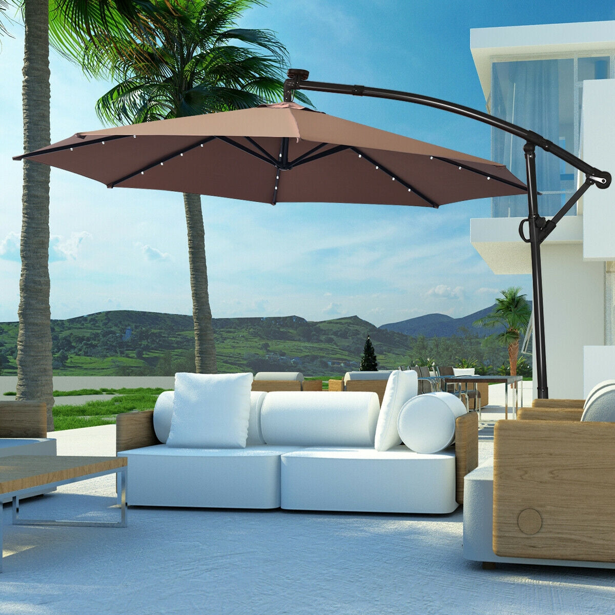 10 ft 360° Rotation Solar Powered LED Patio Offset Umbrella without Weight Base-Tan Kids Crystal