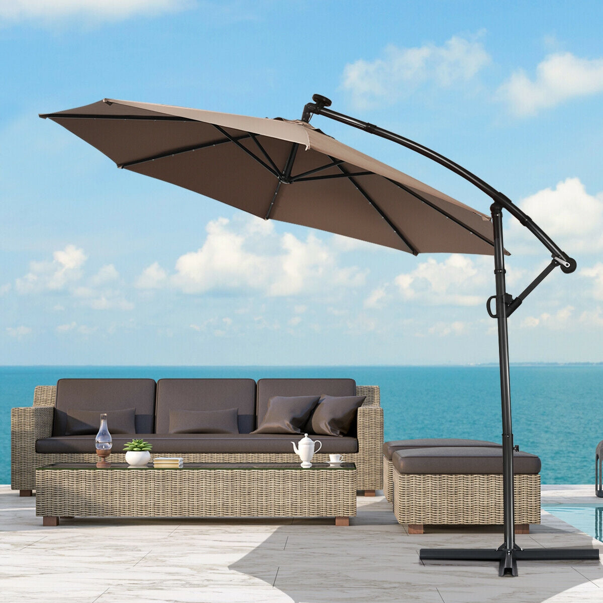 10 ft 360° Rotation Solar Powered LED Patio Offset Umbrella without Weight Base-Tan Kids Crystal